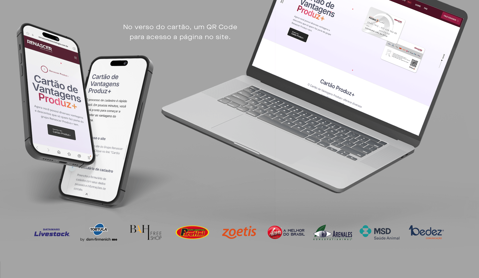 Página do site oficial do Cartão Produz+ acessada via QR Code no verso do cartão, mostrando informações detalhadas.
