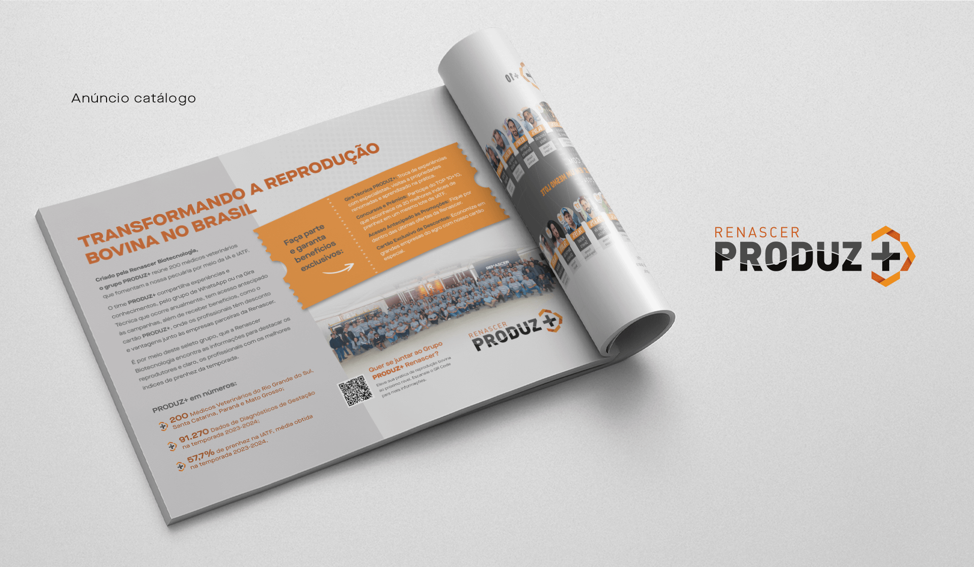 Anúncio no catálogo de reprodutores renascer 2024/2025destacando o Grupo Produz+ e os benefícios do Cartão Produz+ na reprodução bovina no Brasil.