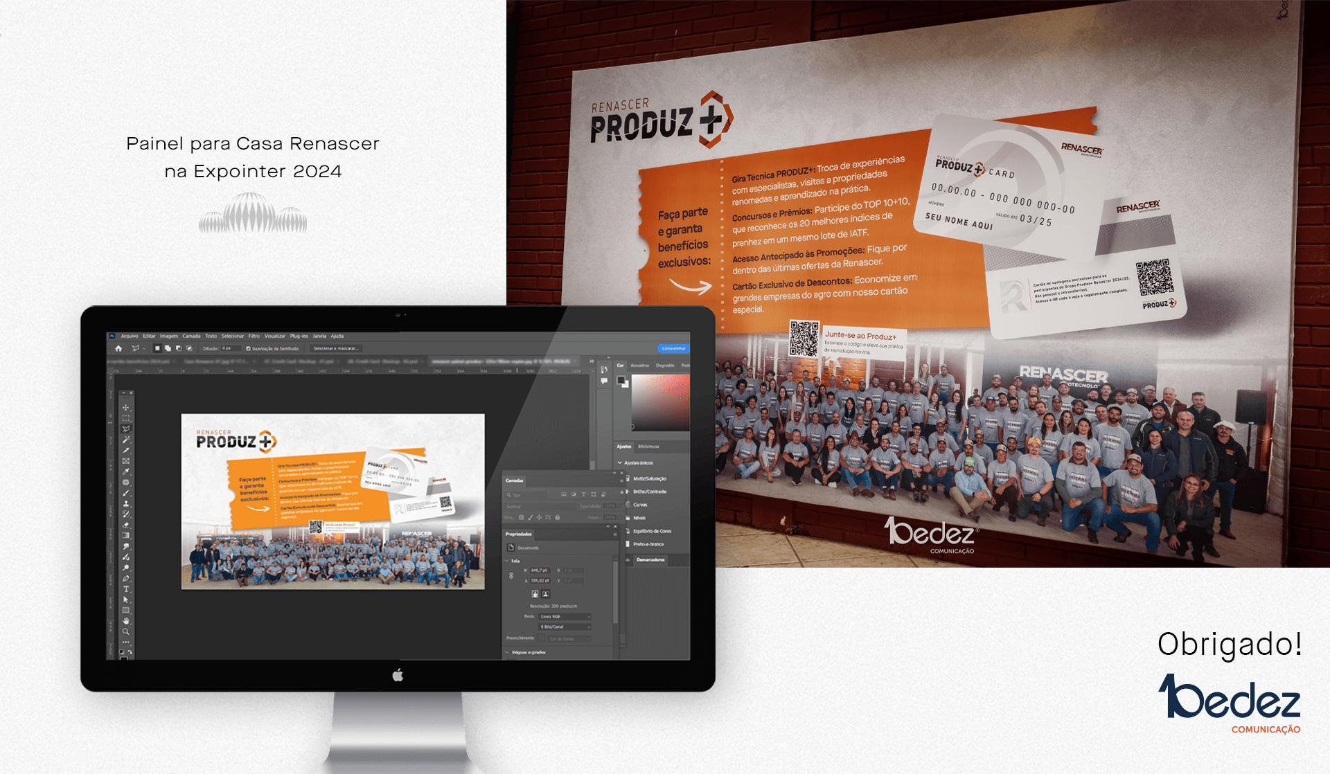 Painel do Cartão Produz+ exposto na Casa Renascer durante a Expointer 2024, destacando o grupo e os benefícios exclusivos.