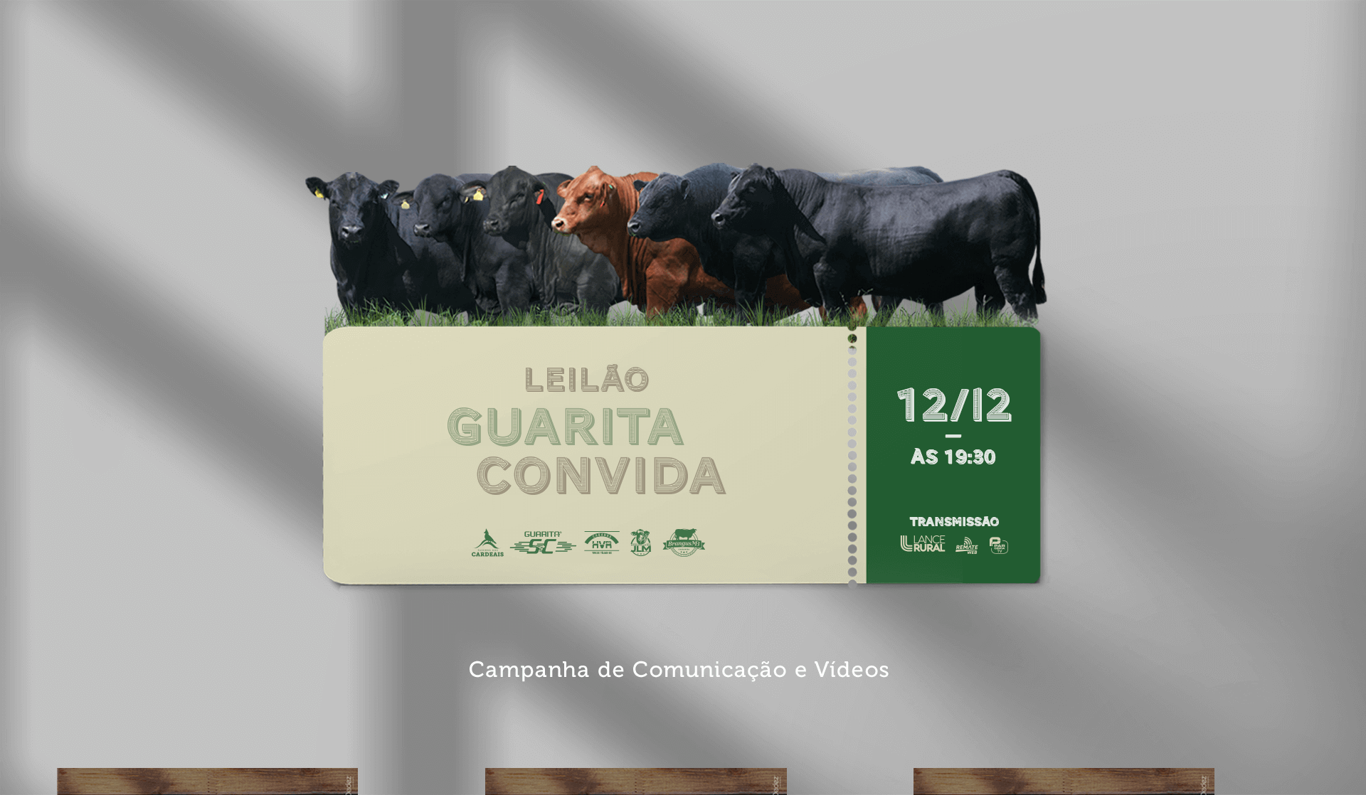 Banner de divulgação do Leilão Guarita Convida, com destaque para touros Angus e Brangus. Mostra data, horário e transmissão do evento, ressaltando a força da genética e a organização profissional para pecuaristas da região Sul.