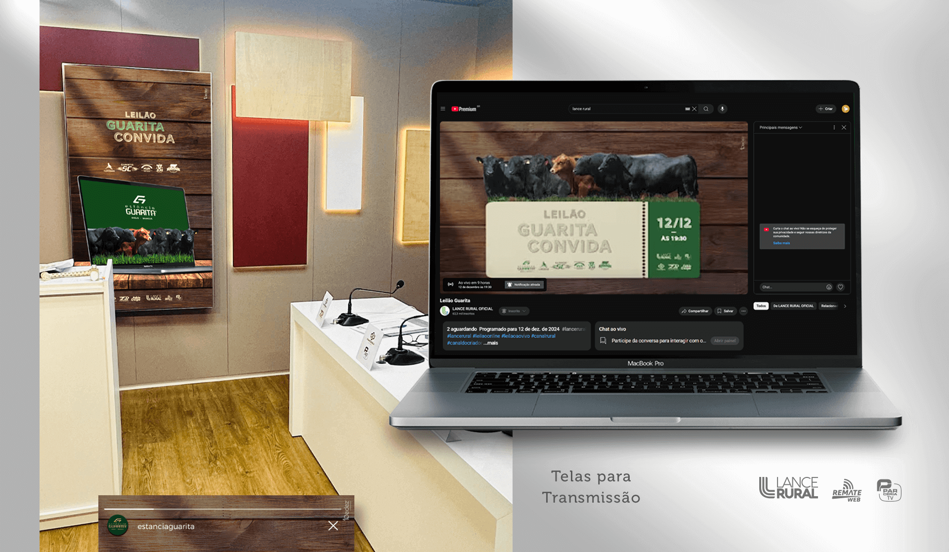 Tela de transmissão do Leilão Guarita Convida em estúdio profissional, com banners e branding personalizado. Demonstra excelência na organização e execução de eventos voltados para a pecuária.