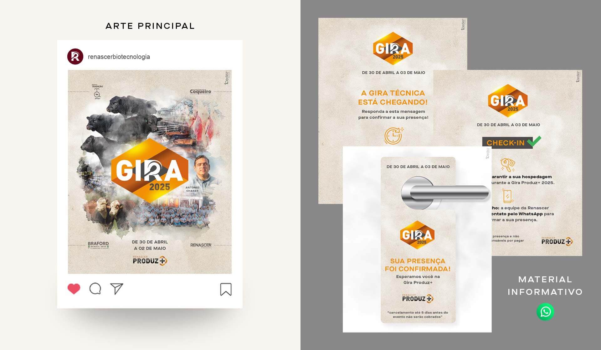 Identidade visual e materiais informativos da Gira Técnica Renascer Produz+ 2025 da Renascer Biotecnologia