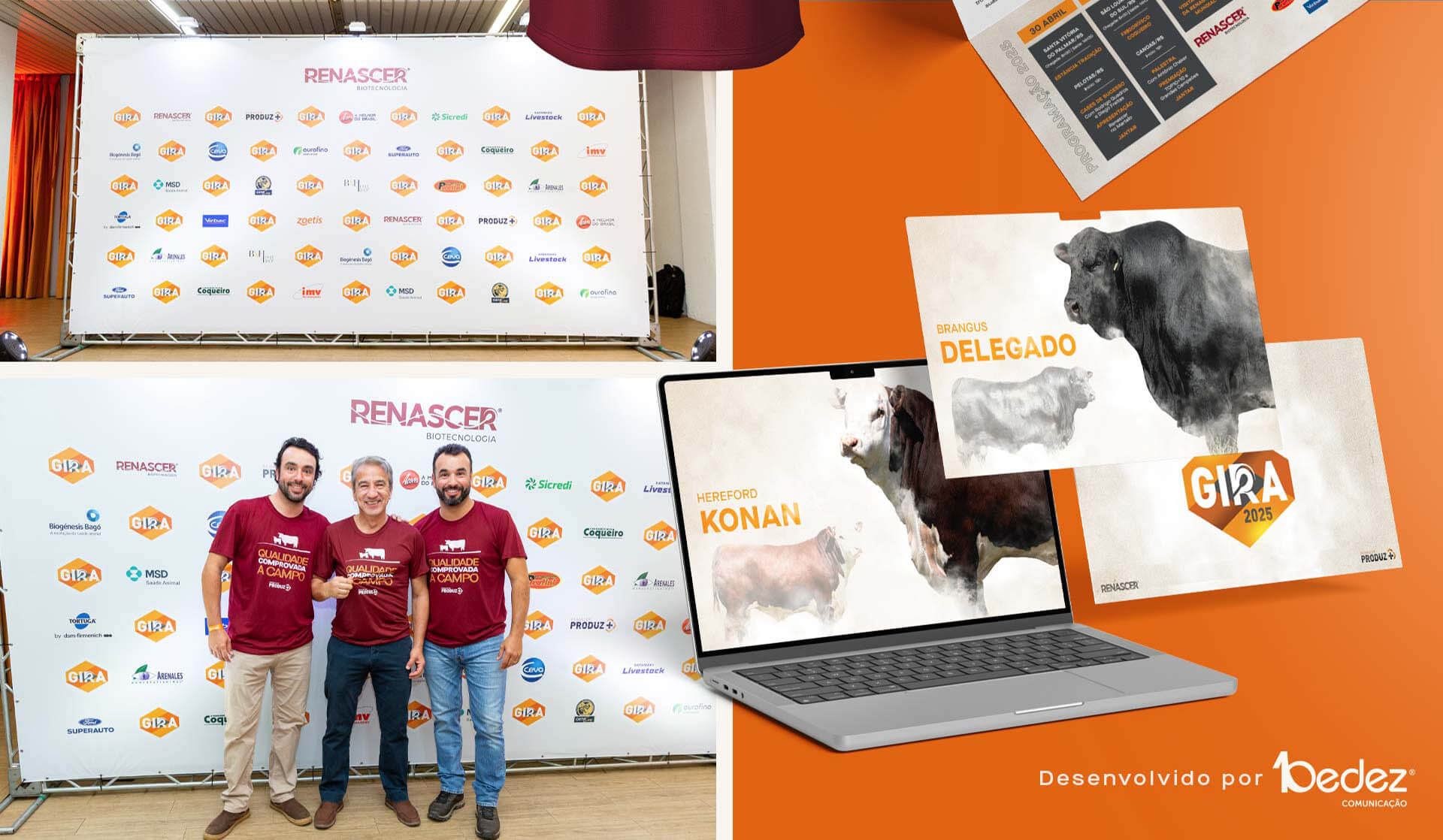Ambientação institucional da Gira Técnica Renascer Produz+ 2025 com backdrop e apresentação de genética bovina